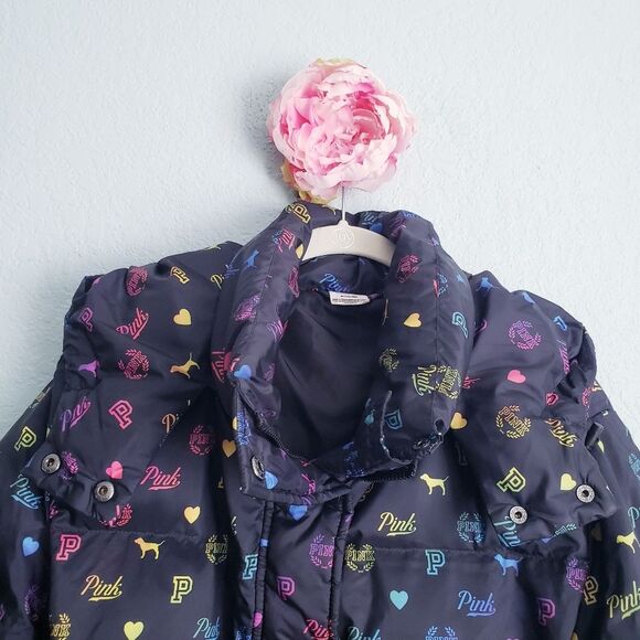 PINK Victoria's Secret Rainbow Logo Hooded Puffer Jacket - Picture 3 of 7
